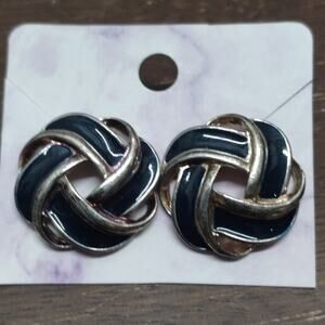 Vintage Black & Gold Colored Enamel Knotted Geometric Pierced Ear Earrings